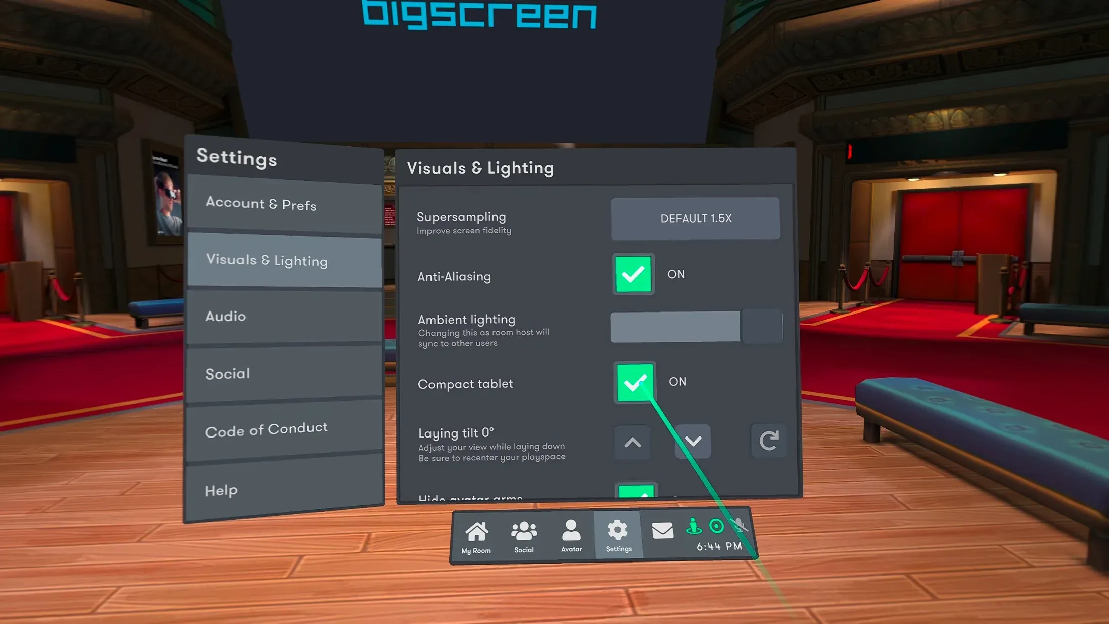 The Bigscreen settings menu open on the Visuals and Lighting page, with a controller beam pointed at the Compact tablet toggle, which is switched on
