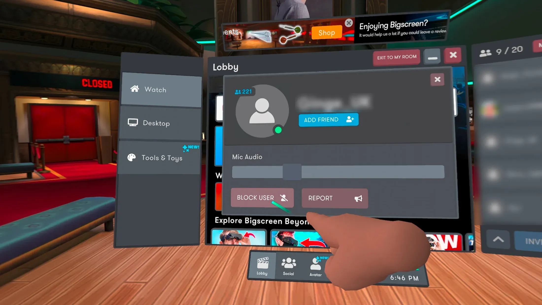 A player's profile card in the Bigscreen lobby, showing an Add friend button and a Mic Audio slider above the Block user and Report buttons, with a virtual hand pointing at Block user