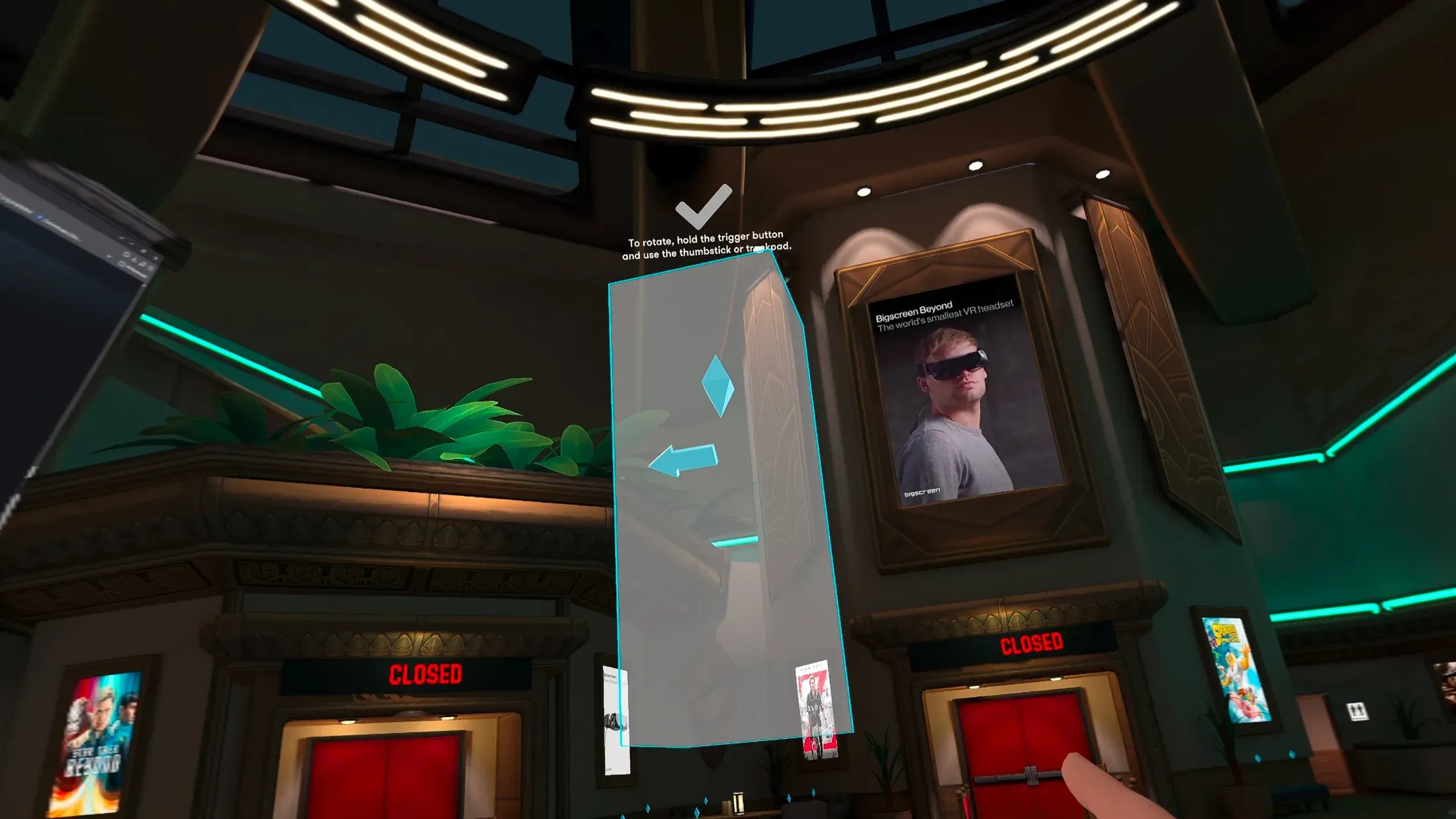 A translucent Diamond Seat marker floating in the Bigscreen lobby, a blue diamond and arrow inside it, with a checkmark above and the on-screen hint to hold the trigger and use the thumbstick to rotate