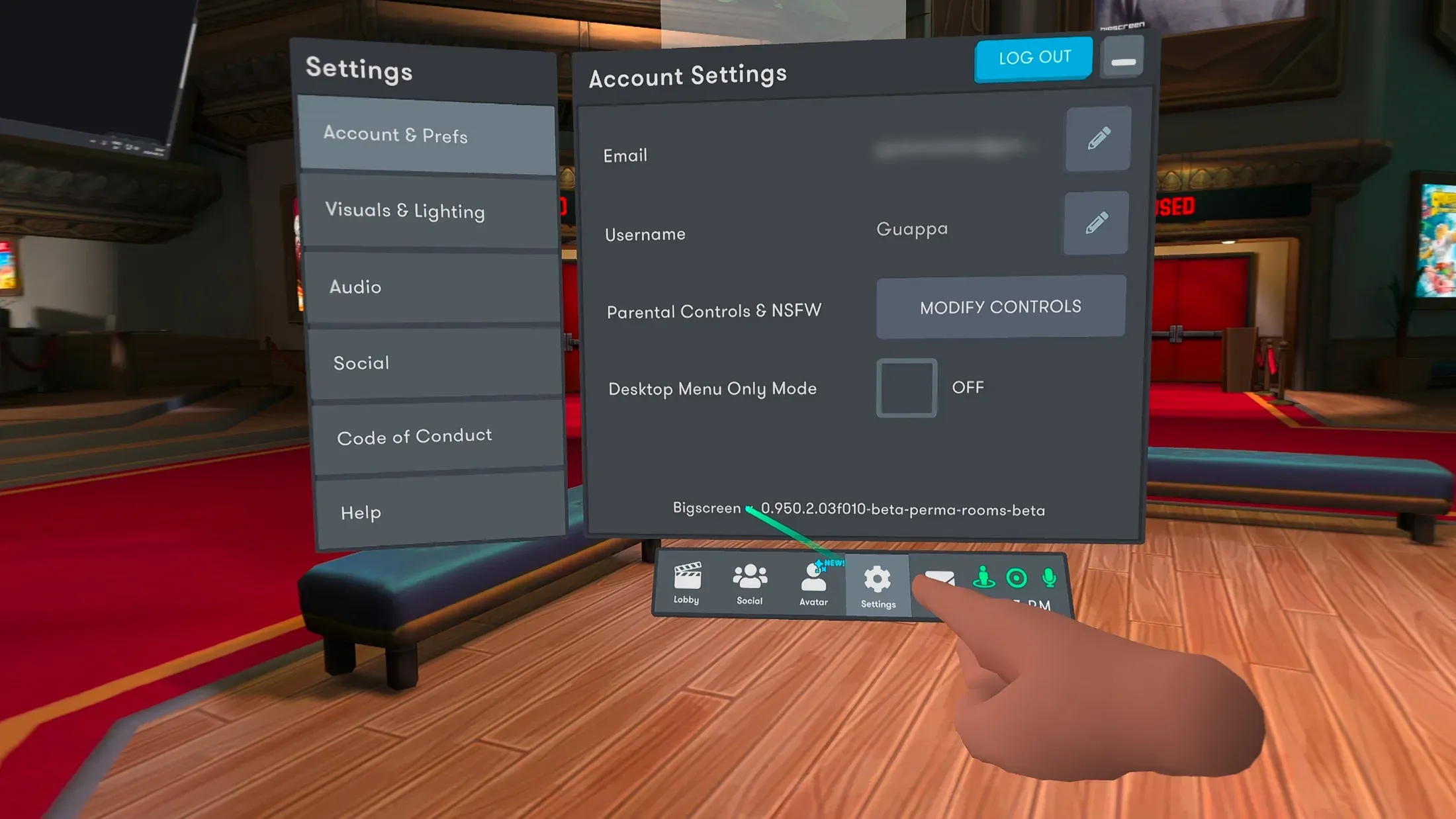 The Bigscreen Account Settings page, with a controller beam pointed at the version number along the bottom edge of the panel