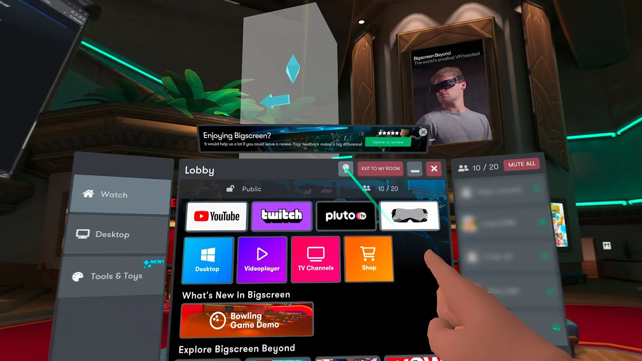 The Bigscreen lobby panel after the Easter egg is unlocked, with a light bulb icon now sitting to the left of Exit to my room