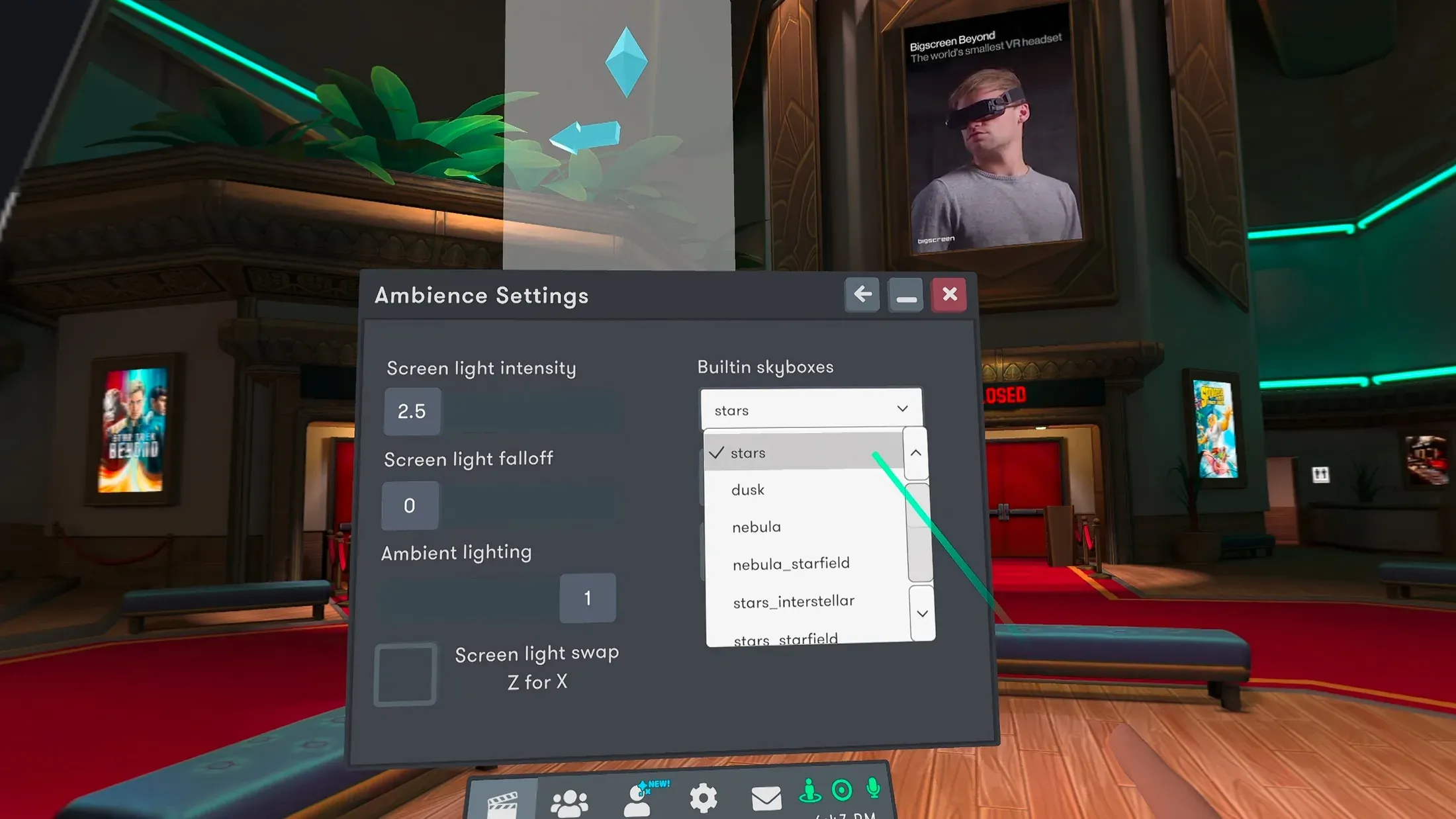 The Bigscreen Ambience Settings panel with the Builtin skyboxes dropdown open, listing stars, dusk, nebula, nebula_starfield and stars_interstellar