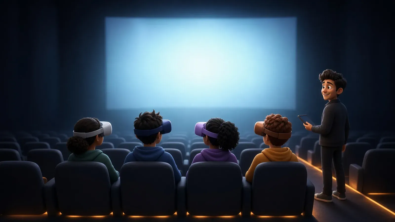 Four people wearing VR headsets sit in a row of cinema seats facing a large bright screen, while a fifth person stands in the aisle holding a tablet and turned back toward the group